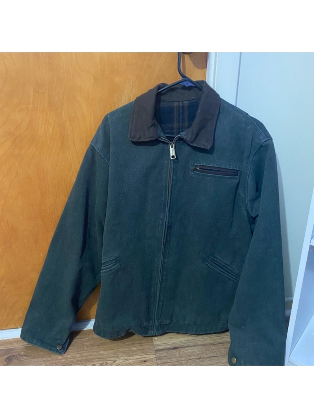 Men's Dark Green Work Jacket with Contrast Collar